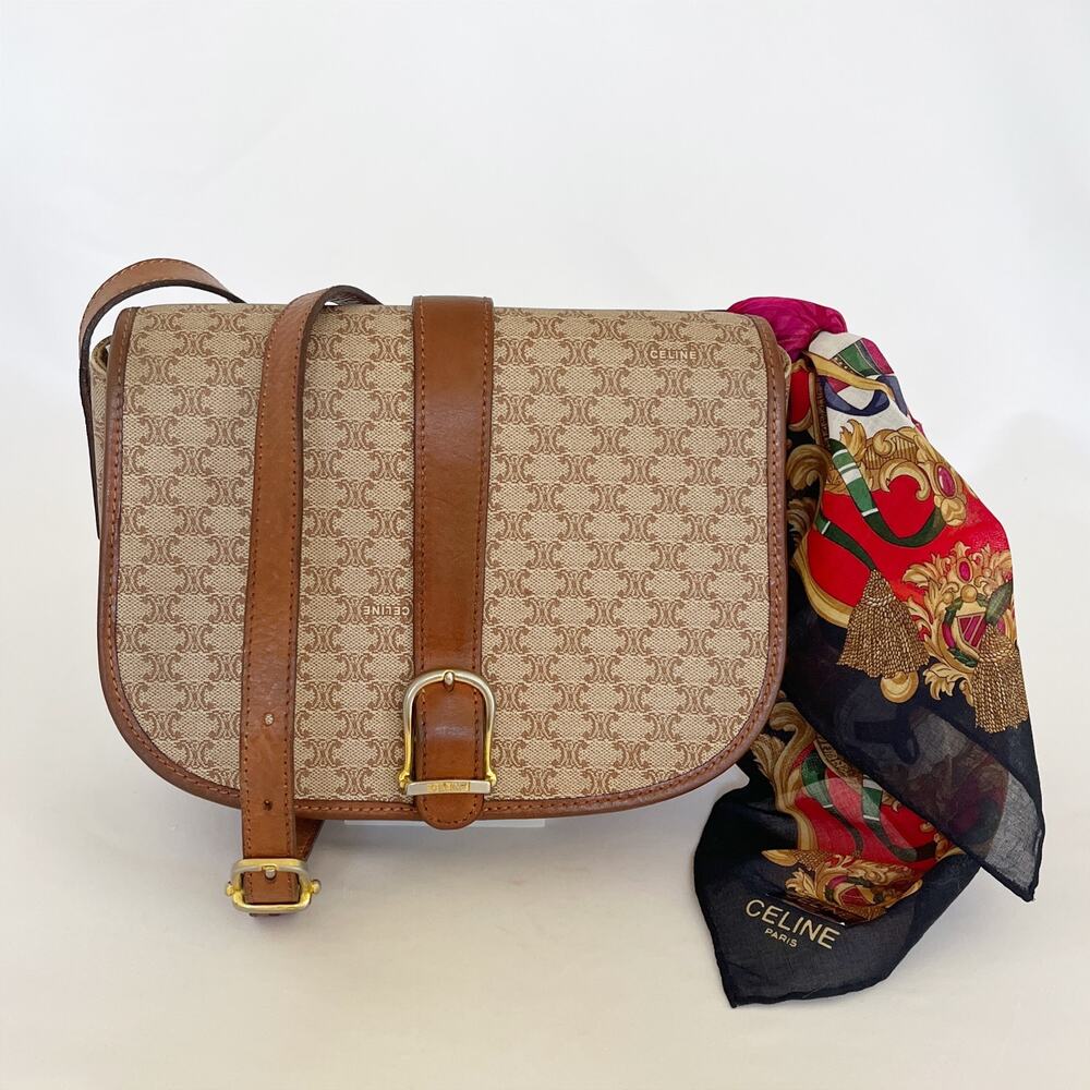 Celine Tan Monogram Canvas Leather Saddle Bag with Scarf